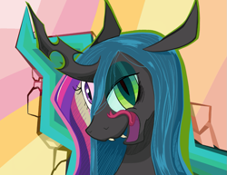 Size: 1045x808 | Tagged: safe, alternate version, artist:pashoo, character:queen chrysalis, species:changeling, g4, fangs, implied princess cadance, licking lips, sharp teeth
