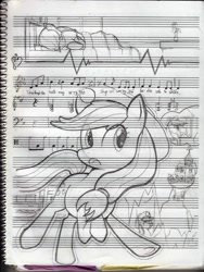 Size: 1506x2000 | Tagged: dead source, safe, artist:pashoo, character:applejack, character:braeburn, species:earth pony, species:pony, g4, apple family member, coma, little talks, lyrics, music notes, of monsters and men, sheet music, sketch, song, song reference, traditional art