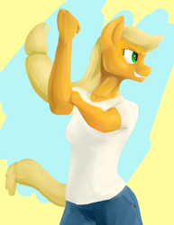 Size: 1000x1294 | Tagged: dead source, safe, artist:pashoo, character:applejack, species:anthro, species:earth pony, g4, clothing, jeans, pants, rosie the riveter, solo, we can do it!