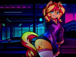 Size: 1200x893 | Tagged: safe, artist:canvymamamoo, character:sunset shimmer, species:pony, species:unicorn, g4, my little pony:equestria girls, bipedal, choker, clothing, ear fluff, female, grin, hoodie, jewelry, looking at you, mare, necklace, retrowave, smiling, socks, solo, stockings, thigh highs, unshorn fetlocks