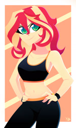 Size: 1280x2132 | Tagged: safe, artist:xan-gelx, character:sunset shimmer, species:human, g4, my little pony:equestria girls, belly button, breasts, cleavage, clothing, female, hand, hand on hip, high res, hips, looking at you, pants, solo