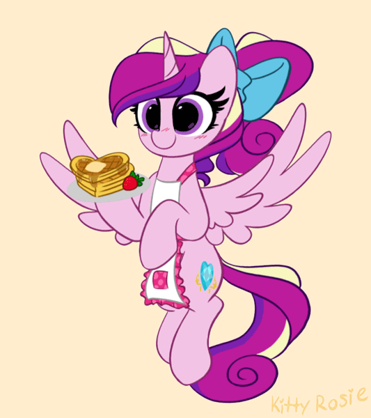 Size: 533x600 | Tagged: safe, artist:kittyrosie, artist:szafir87, character:princess cadance, species:alicorn, species:pony, g4, alternate hairstyle, animated, apron, blushing, bow, clothing, cute, cutedance, flying, food, gif, hair bow, ponytail, simple background, smiling, strawberry, szafir87 is trying to murder us, waffle