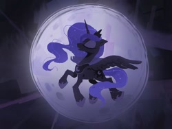 Size: 1200x900 | Tagged: safe, artist:frozenspots, character:princess luna, species:alicorn, species:pony, g4, eyes closed, female, flying, full moon, mare, moon, profile, solo, spread wings, wings