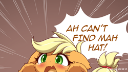 Size: 3200x1800 | Tagged: safe, artist:symbianl, part of a set, character:applejack, species:earth pony, species:pony, g4, adorable distress, angry dog noises, brown background, cheek fluff, crying, cute, dialogue, ear fluff, female, floppy ears, fluffy, hatless, jackabetes, leg fluff, mare, missing accessory, open mouth, signature, simple background, solo, speech bubble, teary eyes, text