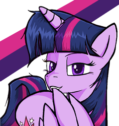 Size: 866x914 | Tagged: safe, artist:sallycars, character:twilight sparkle, character:twilight sparkle (alicorn), species:alicorn, species:pony, g4, abstract background, biting, digital art, looking at you, ms paint, solo, wing bite