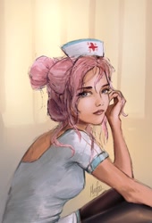 Size: 814x1199 | Tagged: safe, artist:magfen, character:nurse redheart, species:human, g4, beautiful, clothing, female, hat, humanized, looking at you, nurse, nurse hat, nurse outfit, shirt, socks, solo, species swap, stockings, t-shirt, thigh highs