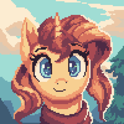 Size: 2000x2000 | Tagged: safe, artist:vanillaghosties, character:sunset shimmer, species:pony, species:unicorn, g4, my little pony:equestria girls, bust, clothing, colored pupils, cute, digital art, looking at you, pixel art, portrait, scarf, shimmerbetes, smiling, solo, tree