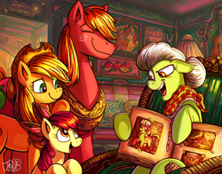 Size: 3732x2920 | Tagged: safe, artist:jowyb, character:apple bloom, character:applejack, character:big mcintosh, character:bright mac, character:granny smith, character:pear butter, species:earth pony, species:pony, g4, acoustic guitar, apple, apple bloom's bow, apple family, apple family member, bonnet, bow, chair, female, filly, food, guitar, hair bow, male, mare, musical instrument, open mouth, photo, pigtails, scrapbook, smiling, stallion, yoke, young, young granny smith, younger