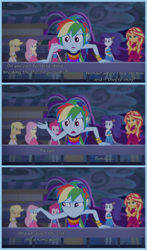 Size: 820x1390 | Tagged: safe, edit, edited screencap, editor:roseluck, screencap, character:applejack, character:fluttershy, character:pinkie pie, character:rainbow dash, character:rarity, character:sunset shimmer, species:eqg human, equestria girls:spring breakdown, g4, my little pony: equestria girls, my little pony:equestria girls, 3 panel comic, alternate hairstyle, bracelet, braid, clothing, cloud, cloudy, comic, dialogue, dress, eyebrows down, female, frown, gritted teeth, guilt, humane five, jewelry, open mouth, ponytail, railing, raised arm, raised hand, screencap comic, sequins, sleeveless, sleeveless dress, so close, stormcloud, sympathy for the devil, worried, yacht