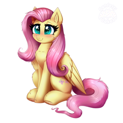 Size: 4000x4000 | Tagged: safe, artist:confetticakez, character:fluttershy, species:pegasus, species:pony, g4, blushing, chest fluff, cute, ear fluff, female, mare, shyabetes, simple background, sitting, solo, underhoof, white background