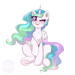Size: 3000x3000 | Tagged: safe, artist:confetticakez, character:princess celestia, species:alicorn, species:pony, g4, blep, blushing, chest fluff, cute, female, folded wings, mare, one eye closed, raised hoof, simple background, sitting, solo, tongue out, underhoof, watermark, white background, wings, wink
