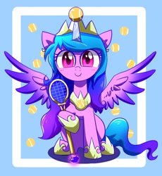 Size: 1106x1200 | Tagged: safe, artist:ketereissm, character:izzy moonbow, species:alicorn, species:pony, species:unicorn, g5, abstract background, alicornified, ball, childproof horn, female, gradient hair, horn, izzy's tennis ball, izzycorn, looking at you, mare, race swap, smiling, solo, spread wings, tennis ball, that pony sure does love tennis balls, toy, wings