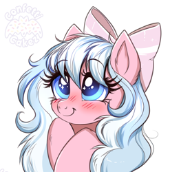 Size: 2124x2150 | Tagged: safe, artist:confetticakez, oc, oc only, species:pegasus, species:pony, g4, blushing, bow, colored, colored sketch, cute, female, hair bow, happy, looking up, mare, ocbetes, simple background, sketch, smiling, solo, watermark, white background