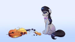 Size: 3840x2160 | Tagged: safe, artist:confetticakez, character:octavia melody, species:earth pony, species:pony, g4, bow tie, broken instrument, cello, colored, colored sketch, female, gradient background, mare, musical instrument, sad, side view, sitting, sketch, solo, teary eyes
