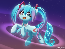 Size: 2400x1800 | Tagged: safe, artist:symbianl, kotobukiya, species:earth pony, species:pony, g4, abstract background, anime, belly fluff, crossover, cute, ear fluff, female, fluffy, hatsune miku, headphones, kotobukiya hatsune miku pony, leg fluff, looking at you, mare, necktie, open mouth, pigtails, ponified, smiling, solo, species swap, twintails, vocaloid