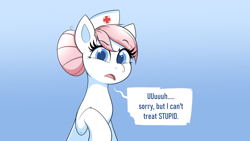 Size: 7680x4320 | Tagged: safe, artist:confetticakez, character:nurse redheart, species:earth pony, species:pony, g4, clothing, confused, dialogue, female, gradient background, hat, mane bun, mare, nurse, raised hoof, reaction image, solo, speech bubble, talking to viewer, text