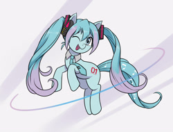 Size: 1250x950 | Tagged: safe, artist:mew-me, kotobukiya, species:earth pony, species:pony, g4, abstract background, anime, crossover, female, hatsune miku, headphones, mare, one eye closed, open mouth, open smile, ponified, smiling, solo, species swap, vocaloid, wink