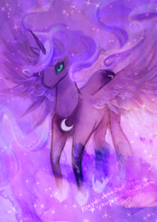 Size: 620x877 | Tagged: safe, artist:alaskayu, character:princess luna, species:alicorn, species:pony, g4, abstract background, clothing, ethereal mane, female, galaxy mane, hoof shoes, mare, shoes, signature, solo, sparkles, spread wings, wings