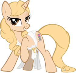 Size: 2906x2771 | Tagged: safe, artist:lysok, oc, oc only, oc:taralicious, species:pony, species:unicorn, g4, clothing, female, high res, lidded eyes, mare, ponified, raised hoof, simple background, smiling, solo, species swap, tara strong, toga, transparent background, voice actor