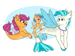 Size: 1280x964 | Tagged: safe, artist:moccabliss, character:scootaloo, character:terramar, parent:scootaloo, parent:terramar, parents:terraloo, species:pegasus, species:pony, species:seapony (g4), ship:terraloo, g4, abstract background, clothing, female, fin wings, fins, fish tail, hybrid, interspecies offspring, jewelry, looking at each other, male, necklace, offspring, open mouth, profile, seaponified, seapony scootaloo, see-through, shipping, simple background, smiling, species swap, straight, tail, three quarter view, wings