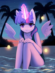Size: 1400x1842 | Tagged: safe, artist:mrscroup, character:twilight sparkle, character:twilight sparkle (alicorn), species:alicorn, species:anthro, g4, clothing, evening, feet in water, female, floating wings, glowing horn, horn, looking at you, magic, ocean, one-piece swimsuit, outdoors, palm tree, sitting, solo, sukumizu, sunset, swimsuit, tree, water, wings