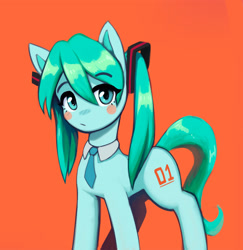Size: 1500x1543 | Tagged: safe, artist:mrscroup, kotobukiya, species:earth pony, species:pony, g4, anime, blush sticker, blushing, female, hatsune miku, looking at you, mare, necktie, orange background, pigtails, ponified, simple background, solo, species swap, vocaloid