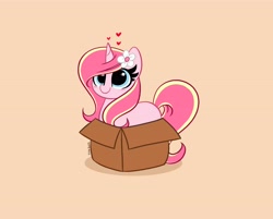 Size: 4096x3298 | Tagged: safe, artist:kittyrosie, oc, oc only, oc:rosa flame, species:pony, species:unicorn, g4, box, cardboard box, cute, digital art, female, heart, high res, horn, if it fits i sits, mare, missing cutie mark, ocbetes, pony in a box, simple background, smiling, solo, three quarter view, unicorn oc