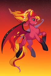 Size: 2333x3500 | Tagged: safe, artist:ikirunosindo, character:sunset shimmer, species:demon pony, species:pony, g4, my little pony:equestria girls, big tail, black sclera, chest fluff, clothing, demon, demon wings, equestria girls ponified, fangs, female, flying, glossy, glowing eyes, gradient background, high res, hoof shoes, looking at you, mare, midair, nightmare sunset, original species, ponified, profile, race swap, raised hoof, sharp teeth, shoes, smiling, solo, species swap, stars, sunset satan, tattered, tattered wings, torn ear, windswept mane, wings