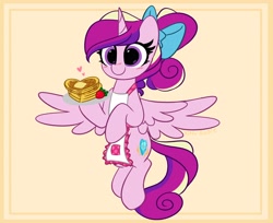 Size: 4096x3350 | Tagged: safe, artist:kittyrosie, character:princess cadance, species:alicorn, species:pony, g4, alternate hairstyle, apron, blushing, bow, clothing, cute, cutedance, digital art, female, flying, food, hair bow, heart, high res, mare, ponytail, simple background, smiling, solo, spread wings, strawberry, waffle, weapons-grade cute, wings, yellow background