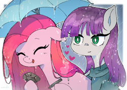 Size: 1280x906 | Tagged: safe, artist:nendo, character:maud pie, character:pinkie pie, species:earth pony, species:pony, g4, cute, diapinkes, happy, rain, umbrella