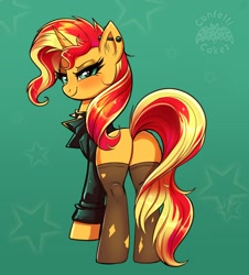 Size: 1084x1200 | Tagged: safe, artist:confetticakez, character:sunset shimmer, species:pony, species:unicorn, g4, my little pony:equestria girls, butt, choker, clothing, collar, jacket, jewelry, leather jacket, looking back, necklace, piercing, plot, punk, ripped stockings, smug, spiked choker, stockings, thigh highs