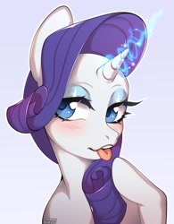 Size: 1407x1802 | Tagged: safe, artist:stumpeg, character:rarity, species:pony, species:unicorn, g4, bedroom eyes, blep, blushing, bust, eyelashes, female, glowing horn, gradient background, horn, jewelry, magic, makeup, mare, piercing, raised hoof, signature, simple background, solo, tongue out, tongue piercing