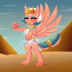 Size: 4000x4000 | Tagged: safe, artist:confetticakez, character:somnambula, species:pony, species:sphinx, g4, blep, blushing, chest fluff, clothing, dancing, desert, ear fluff, eyes closed, female, jewelry, mare, necklace, paws, pyramid, sand, see-through, skirt, solo, species swap, sphinxified, spread wings, standing, toe beans, tongue out, wings