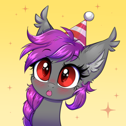 Size: 3000x3000 | Tagged: safe, artist:confetticakez, oc, oc:andromeda aurora, species:bat pony, species:pony, g4, bat pony oc, blushing, clothing, cute, ear fluff, female, hat, mare, ocbetes, open mouth, party hat, simple background, solo, sparkles, surprised, surprised face