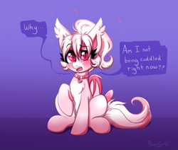 Size: 2544x2160 | Tagged: safe, artist:confetticakez, oc, oc:cream puff ( confetticakez ), species:bat pony, species:pony, g4, bat pony oc, blushing, bow, chest fluff, collar, confused, cute, dialogue, ear fluff, female, folded wings, mare, ocbetes, ponytail, question mark, raised hoof, simple background, sitting, solo, speech bubble, tail bow, text, wings