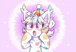 Size: 6327x4320 | Tagged: safe, artist:confetticakez, oc, oc:confetti cupcake, species:bat pony, species:pony, g4, abstract background, bat pony oc, blushing, chest fluff, clothing, ear fluff, female, glasses, hat, hooves up, mare, open mouth, party hat, polka dots, ponytail, solo, sparkles, surprised