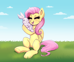 Size: 2372x2000 | Tagged: safe, artist:confetticakez, character:angel bunny, character:fluttershy, species:pegasus, species:pony, species:rabbit, g4, blushing, cloud, cloudy, cute, eyes closed, female, folded wings, grass, hug, mare, open mouth, sitting, sky, solo, wings
