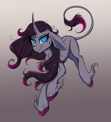 Size: 1759x1928 | Tagged: safe, artist:confetticakez, character:oleander, species:classical unicorn, species:pony, species:unicorn, them's fightin' herds, g4, action pose, colored, colored sketch, curved horn, female, gradient background, horn, mare, pose, sketch, solo, unshorn fetlocks