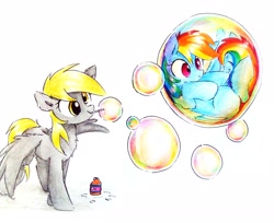 Size: 3213x2617 | Tagged: safe, artist:liaaqila, character:derpy hooves, character:rainbow dash, species:pegasus, species:pony, g4, blowing bubbles, bubble, commission, cute, dashabetes, derpabetes, duo, female, holding, in bubble, mare, mouth hold, simple background, smiling, traditional art, white background