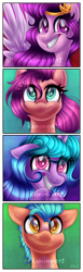 Size: 1752x5652 | Tagged: safe, artist:kimmyartmlp, character:hitch trailblazer, character:izzy moonbow, character:pipp petals, character:sunny starscout, species:earth pony, species:pegasus, species:pony, species:unicorn, g5, blaze (coat marking), bust, gradient hair, pipp wings