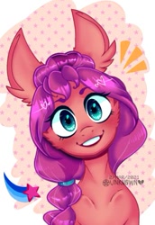 Size: 389x567 | Tagged: safe, artist:theunknownlem0n, character:sunny starscout, species:earth pony, species:pony, g5, big ears, braid, bust, cheek fluff, cute, ear fluff, solo, sunnybetes