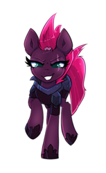 Size: 396x649 | Tagged: safe, artist:confetticakez, species:pony, species:unicorn, g4, armor, broken horn, clothing, crouching, evil grin, female, horn, mare, scar, shoes, simple background, solo, white background