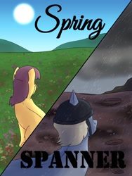 Size: 768x1024 | Tagged: safe, artist:applejackofalltrades, oc, oc only, oc:spanner wrench, oc:spring blossom, species:earth pony, species:pony, fanfic:spring and spanner, series:who we become, g4, crater, fanfic, fanfic art, fanfic cover, female, filly, grass, male, sky, stallion, sun, young