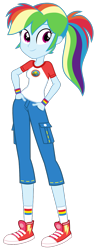 Size: 500x1300 | Tagged: safe, alternate version, artist:roseluck, character:rainbow dash, species:eqg human, equestria girls:legend of everfree, g4, my little pony: equestria girls, my little pony:equestria girls, alternate hairstyle, bracelet, camp everfree logo, camp everfree outfits, camping outfit, clothing, converse, digital art, female, full body, hands in pockets, inkscape, jeans, jewelry, looking at you, pants, ponytail, shirt, shoes, short jeans, short pants, short sleeves, show accurate, simple background, smiling, smiling at you, sneakers, socks, solo, standing, t-shirt, transparent background, vector, wristband