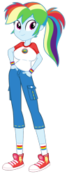 Size: 500x1300 | Tagged: safe, alternate version, artist:roseluck, character:rainbow dash, species:eqg human, equestria girls:legend of everfree, g4, my little pony: equestria girls, my little pony:equestria girls, alternate hairstyle, big breasts, bracelet, breasts, busty rainbow dash, camp everfree logo, camp everfree outfits, camping outfit, clothing, converse, digital art, female, full body, hands in pockets, huge breasts, inkscape, jeans, jewelry, looking at you, pants, ponytail, shirt, shoes, short jeans, short pants, short sleeves, show accurate, simple background, smiling, smiling at you, sneakers, socks, solo, standing, t-shirt, transparent background, vector, wristband