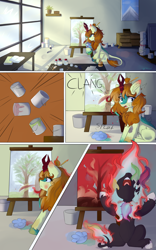 Size: 5000x8000 | Tagged: safe, artist:lunar froxy, oc, oc only, oc:brushfire (meganought), species:kirin, g4, angry, canvas, comic, desk, fire, nirik, no dialogue, paint, paint splatter, paintbrush, painting, solo, studio, table