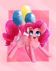 Size: 933x1199 | Tagged: safe, artist:artellys, character:pinkie pie, species:earth pony, species:pony, g4, balloon, ear fluff, floating, happy, solo