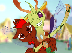 Size: 9395x6980 | Tagged: safe, artist:teakay-c-ii-r, character:thorax, oc, oc:tootsie4ever, species:changeling, species:pegasus, species:pony, g4, hug, looking at you, membranous wings, ponyville, smiling, smiling at you, wave, waving