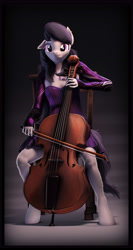 Size: 3840x7200 | Tagged: safe, artist:imafutureguitarhero, character:octavia melody, species:anthro, species:earth pony, species:pony, species:unguligrade anthro, g4, 3d, cello, cello bow, chair, clothing, dress, explicit source, female, looking at you, mare, musical instrument, simple background, sitting, solo, source filmmaker, tail