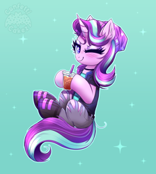 Size: 2683x3000 | Tagged: safe, artist:confetticakez, character:starlight glimmer, species:pony, species:unicorn, g4, beanie, blushing, boots, choker, clothing, female, gradient background, hat, holding, iced coffee, jeans, jewelry, mare, necklace, one eye closed, pants, ripped jeans, ripped pants, shoes, solo, sparkles, torn clothes, vest, wink